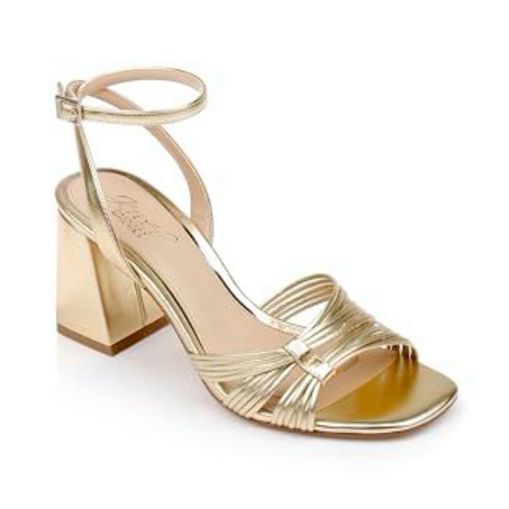 New Jewel Badgley Mischka Michelle Metallic Strappy Block Heels Size 6 Gold